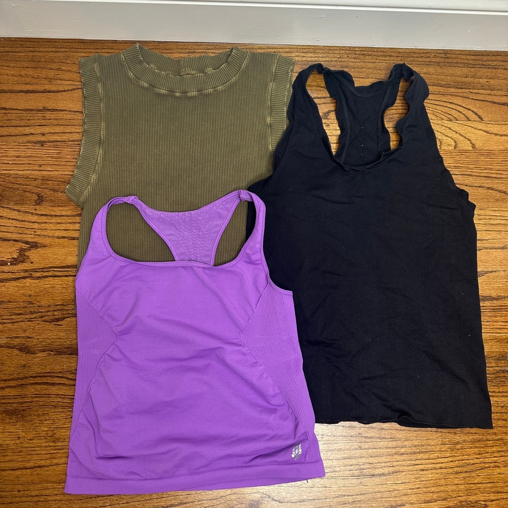 Free People FP Movement Tank Top Bundle XL Purple Black Olive Ribbed 3pc Set
